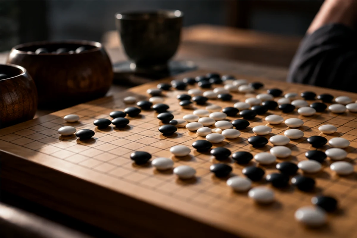 Posição de Go para revisão Posição avançada de Go com pedras pretas e brancas em foco próximo