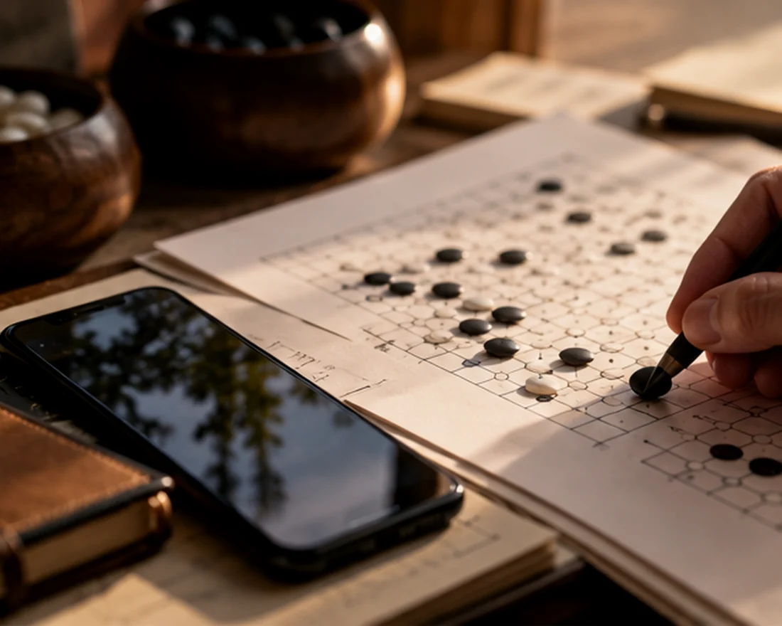Estudo e anotação de posições de Go Mão a anotar uma posição de Go junto a tabuleiros e materiais de estudo